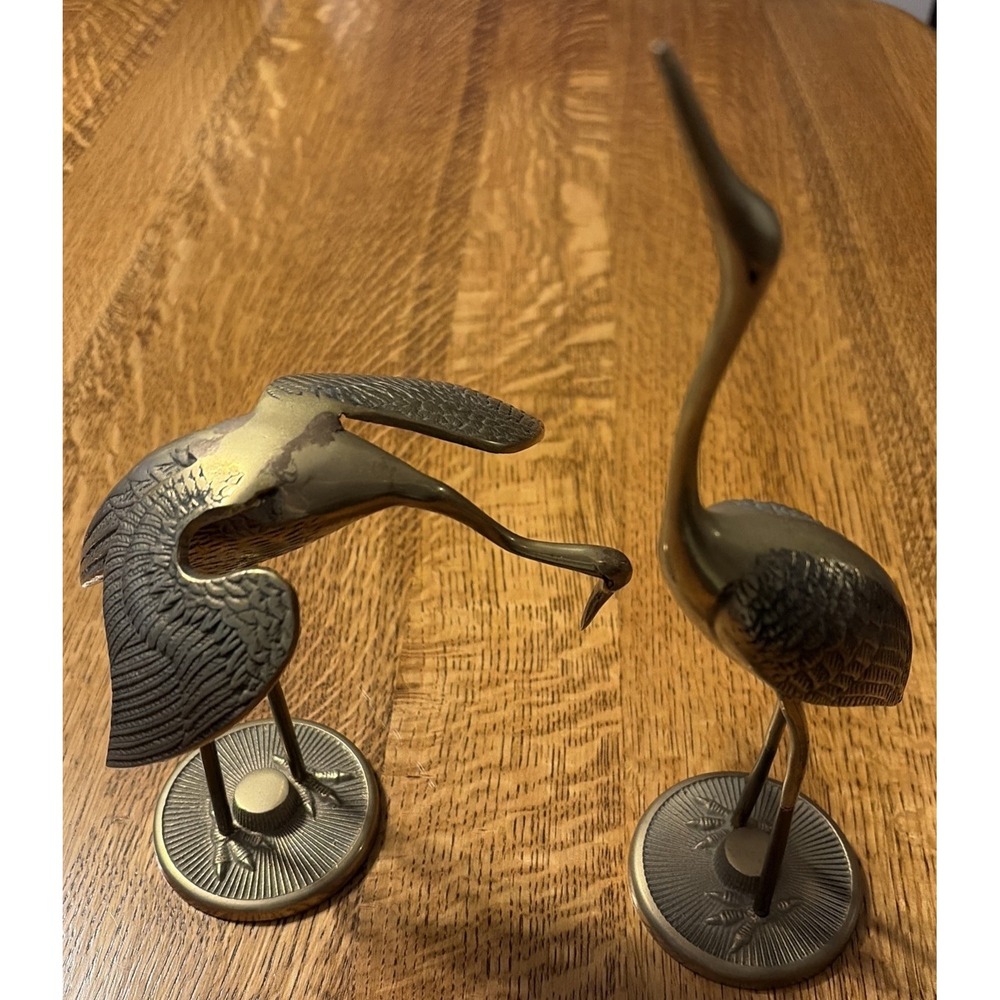 12" Solid Brass "Leonard" Heron/Crane Pair 1960s  Made In Korea Vintage